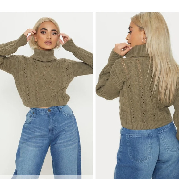 Pretty Little Thing Petite Khaki Roll Neck Crop Turtleneck Sweater Size S - Picture 1 of 13